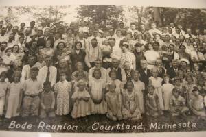 1938 Bode reunion A snippet of a photo from the July 1938 family reunion in Courtland attended by 511 Bodes. My grandparents, Lawrence and Josephine Bode, are in the center of the picture, between the adults holding the babies.