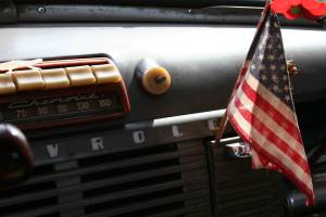 Patriotic dashboard Inside Howard Homeier's Chevy pickup.