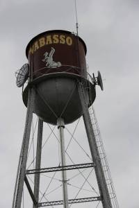 Wabasso's water tower, painted in the school colors and adorned with a white rabbit, the school mascot.