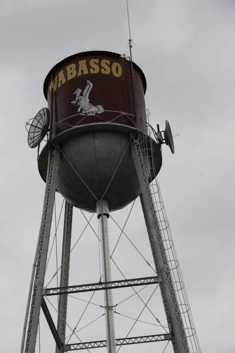 Wabasso's water tower, painted in the school colors and adorned with a white rabbit, the school mascot.