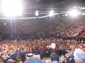 Seated in the bleachers behind the President, Amber had a great view of Obama and the crowd.