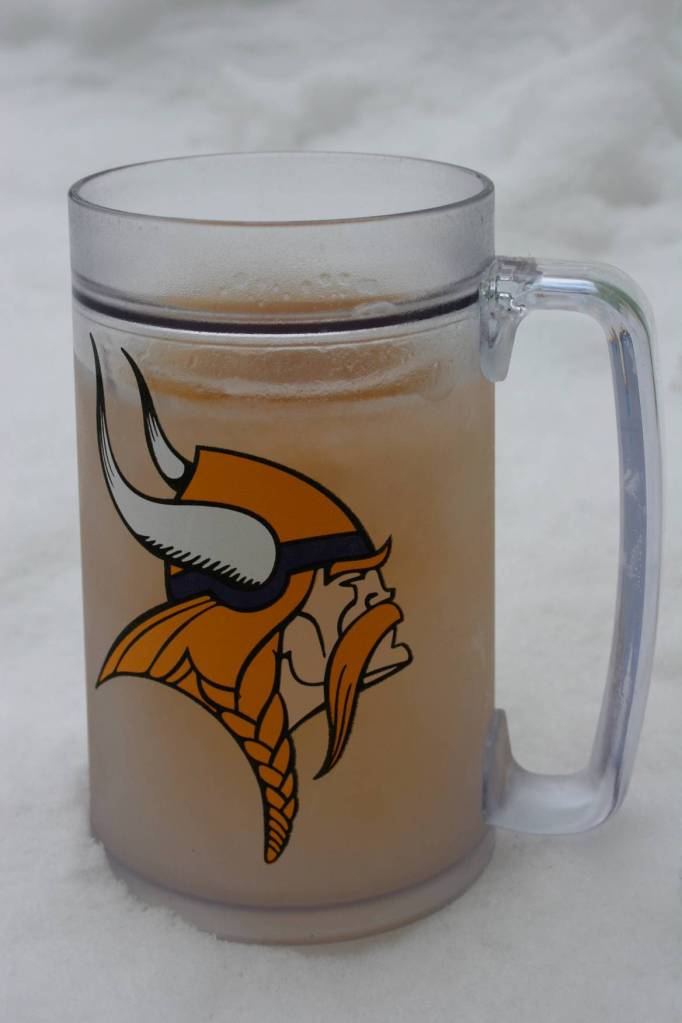Icy cold beer served up in a Minnesota Vikings mug.