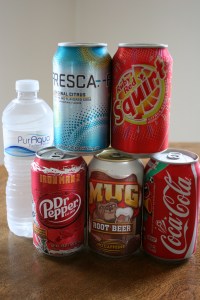 Pop cans and water bottle