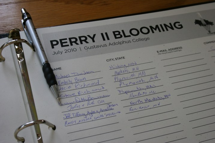 As of noon Friday, most visitors who signed Perry's guestbook came from the St. Peter-Mankato area. However, as word of the blooming spread, visitors were expected from all over--some had already come from Paris and Sweden (they were already visiting in the area).