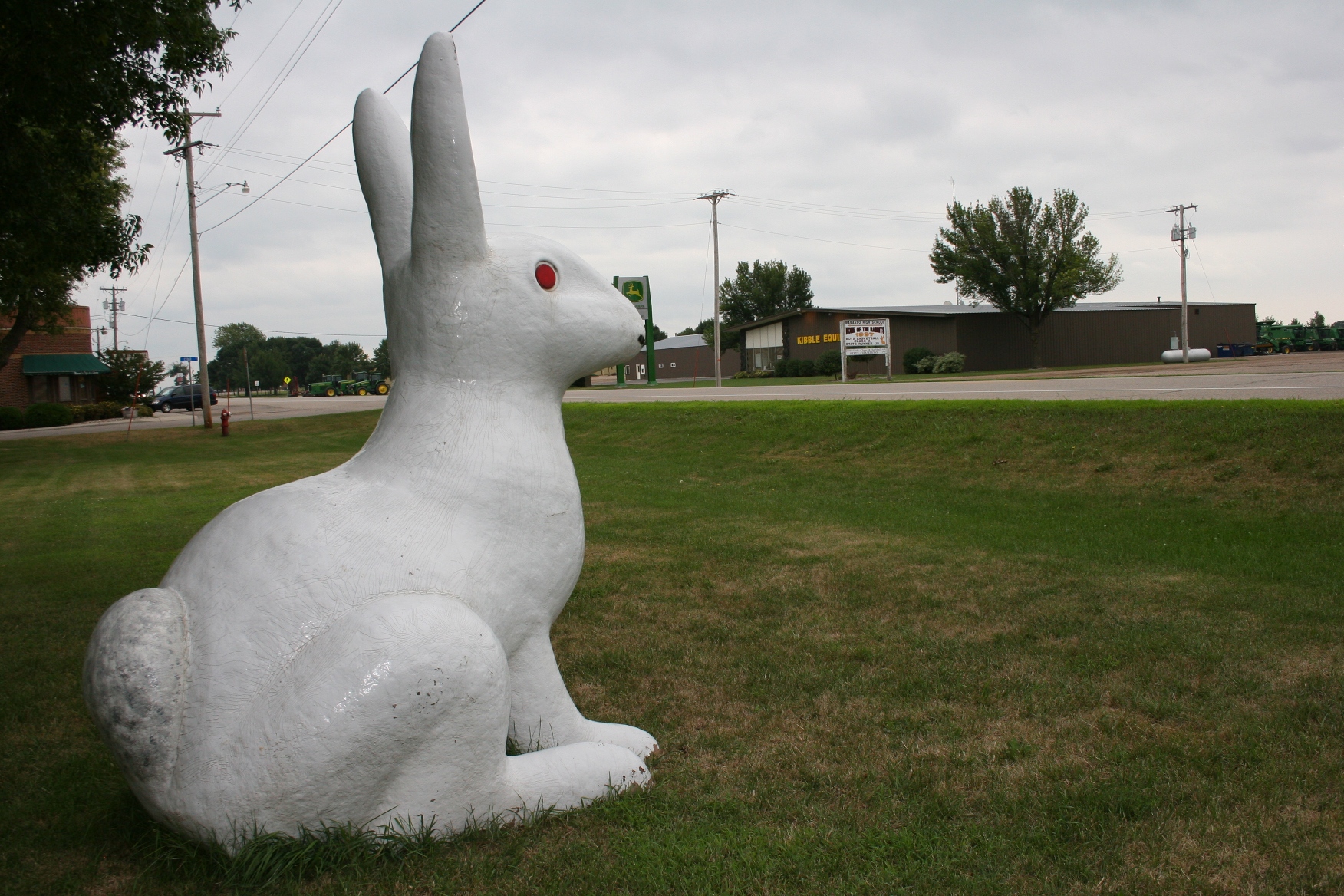 A white rabbit statue sits along Minnesota Highway 68 in Wabasso.