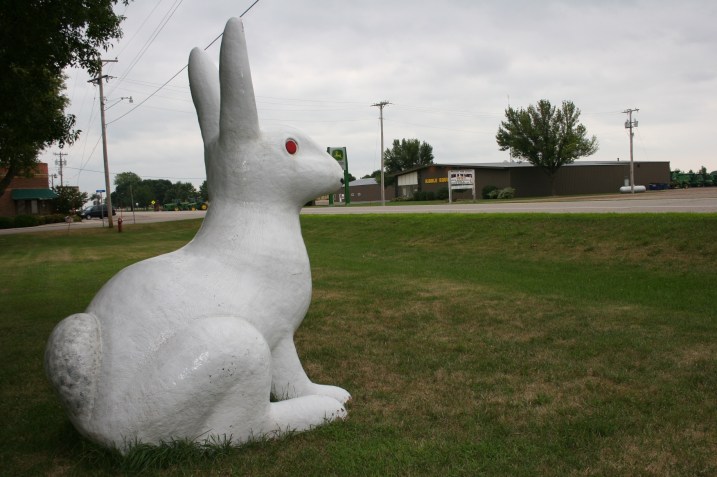 A white rabbit statue sits along Minnesota Highway 68 in Wabasso.
