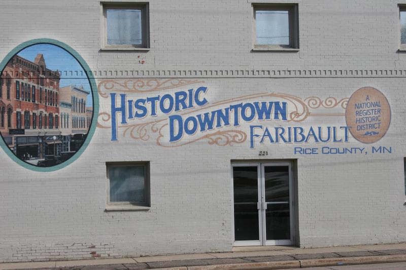 A mural, one of several in the downtown area, promotes historic Faribault.