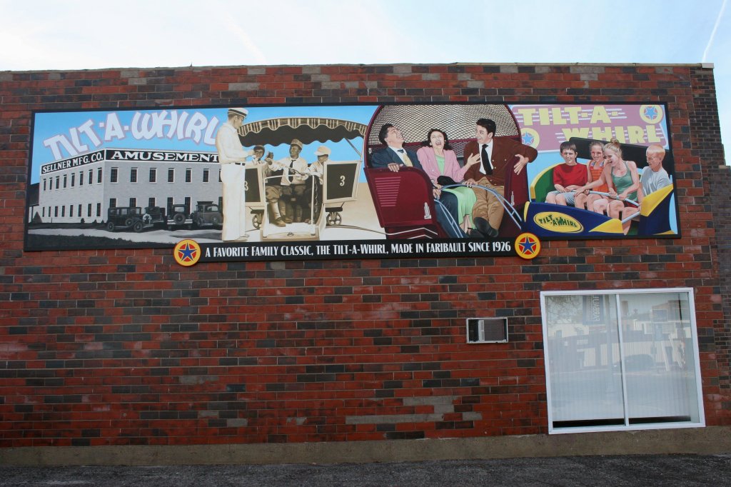 The Mural Society of Faribault created and placed the Tilt-A-Whirl mural on the side of Jim's Auto & Tire this past fall.