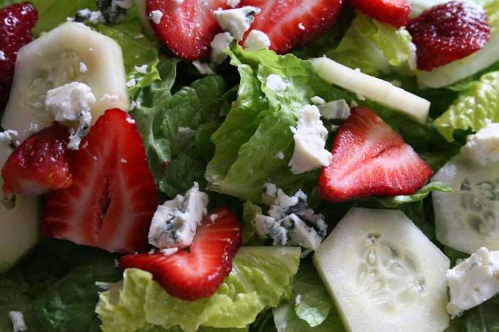 Sliced strawberries, cucumbers and Amablu Gorgonzola cheese added to Romaine lettuce made a perfect salad. I topped the salad with lemon poppyseed dressing.