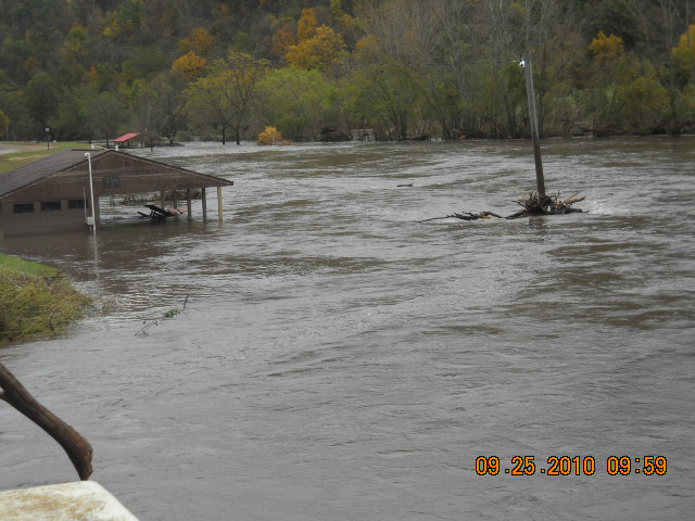 Flooded baseball field and park shelter