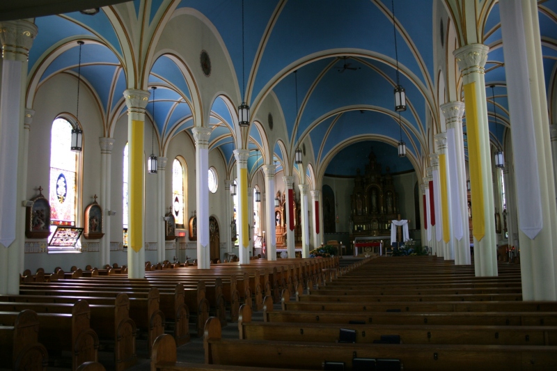 A view from the back of St. Mary's Catholic Church looking toward the main altar.