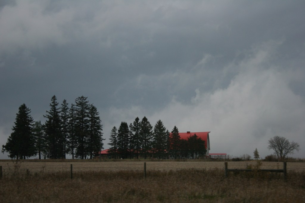 Rural, red-roofed barn