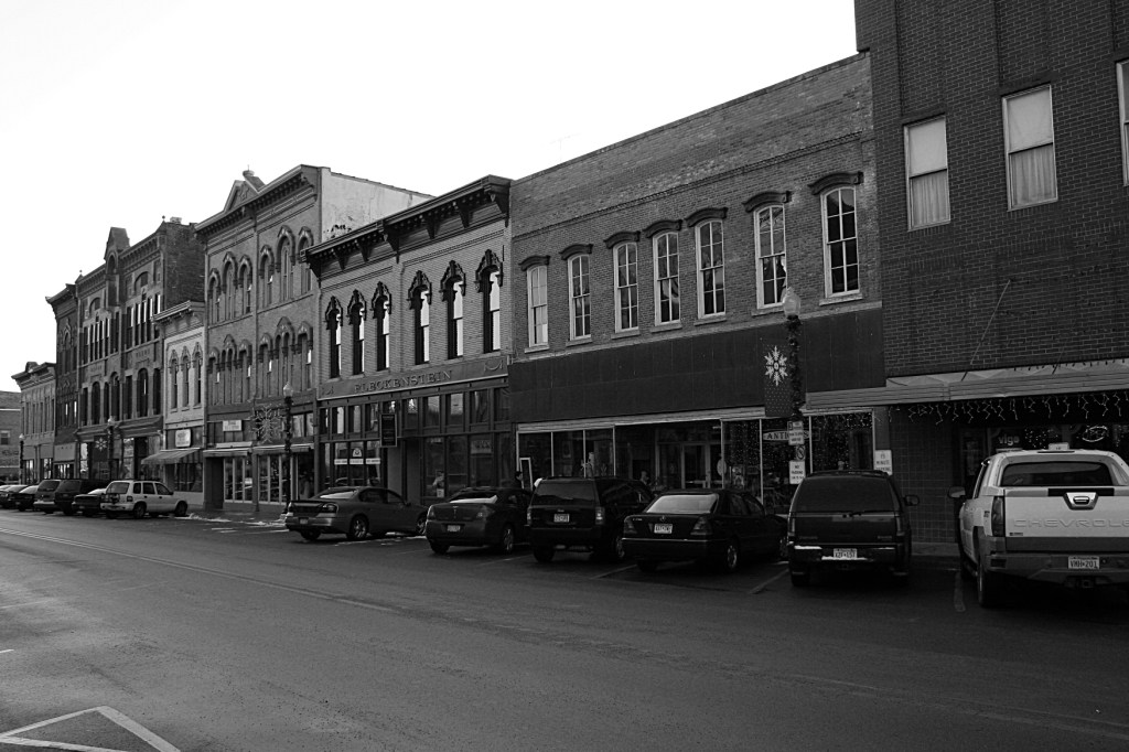 Downtown, side view buildings b & w