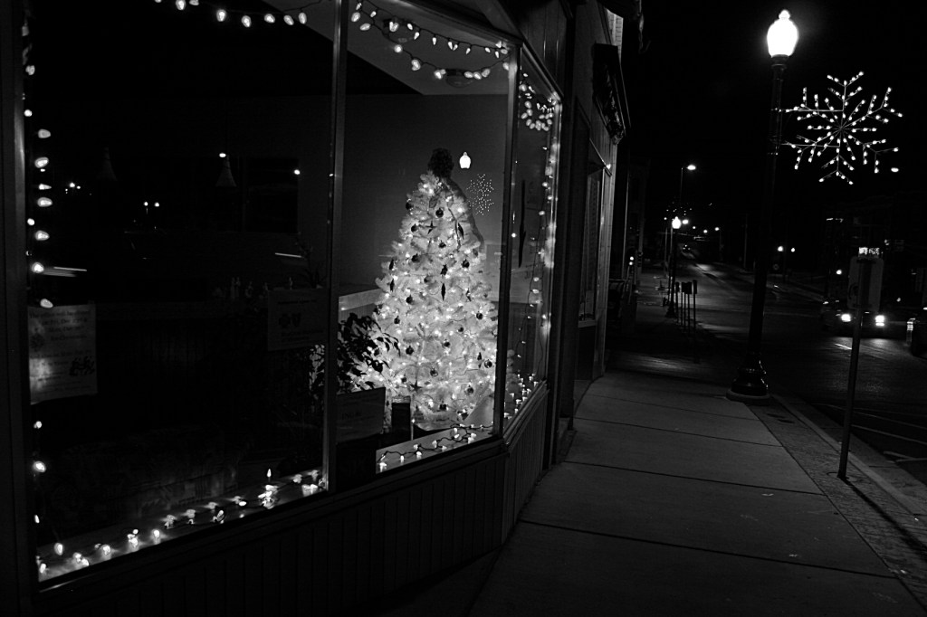 Downtown, white tree, b & w