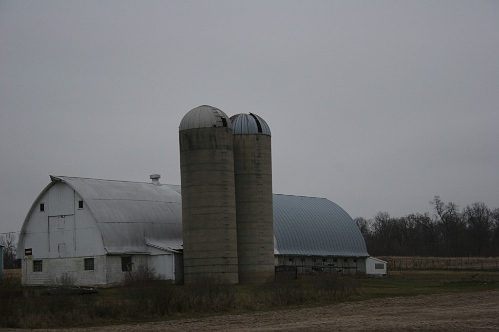 Barn, white barn with silos