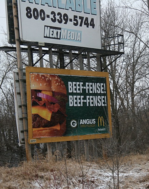 Near Omro along Wisconsin Highway 21, I saw this Packers-themed BEEF-FENSE! sign for McDonalds.