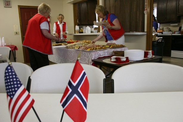 Church, flags in foreground