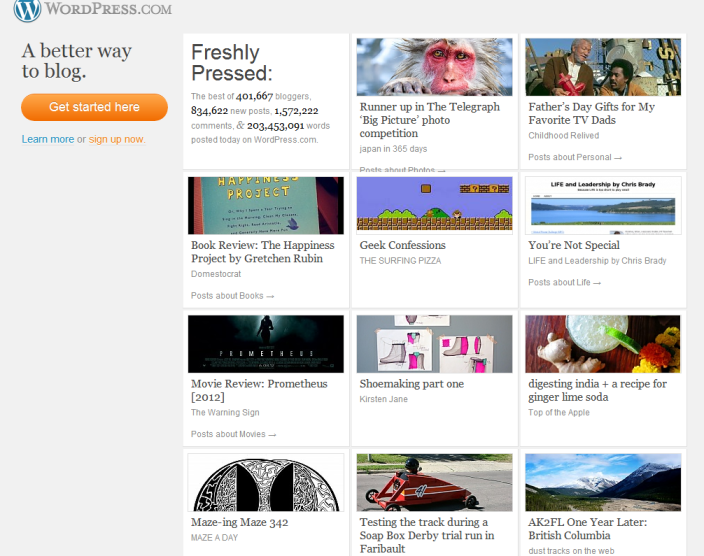 A screen shot of the Tuesday, June 12, 2012, Freshly Pressed on the WordPress homepage. My post is featured in the bottom center. I've been Freshly Pressed twice since I began blogging, meaning my posts were chosen, for a single day, as among the top 10 WordPress posts in the world.