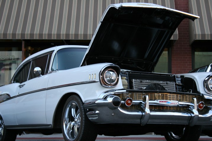 Car, light blue hood up