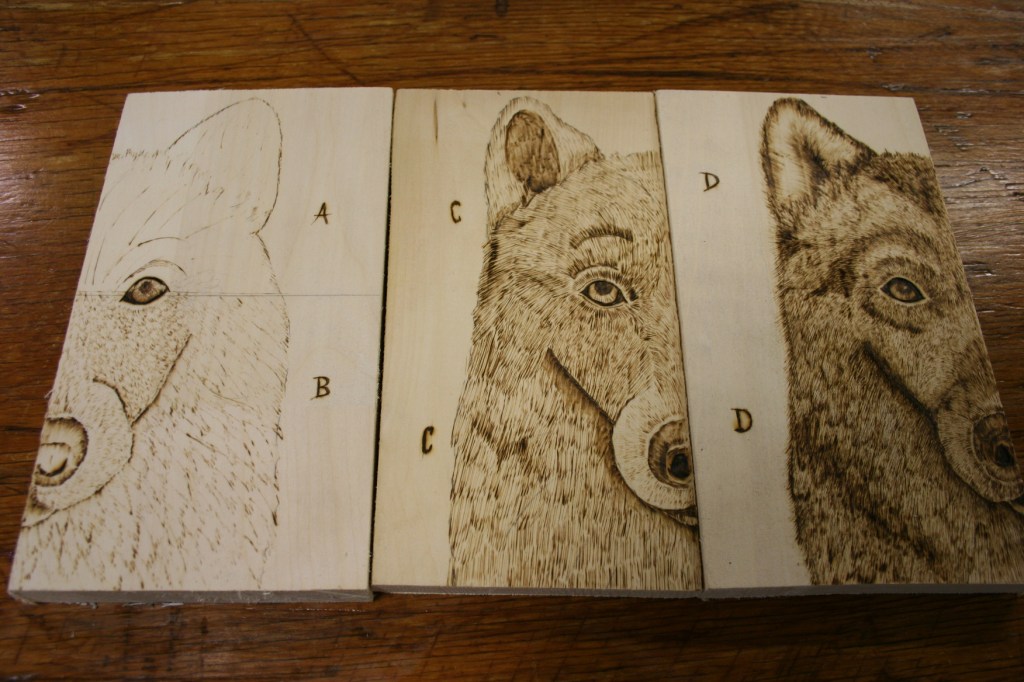 Carving, woodburning wolf