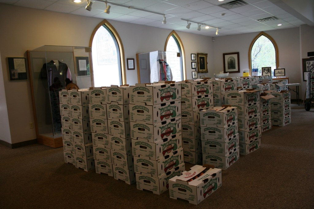 Peaches, stacked boxes