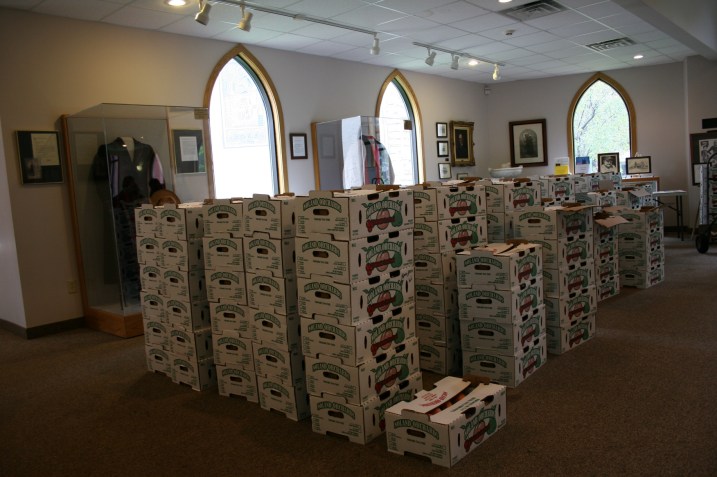 Peaches, stacked boxes