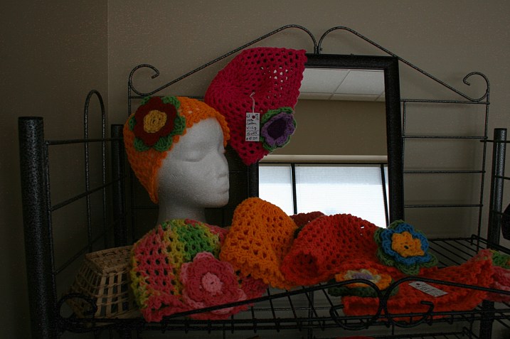 Coffee shop, crocheted caps