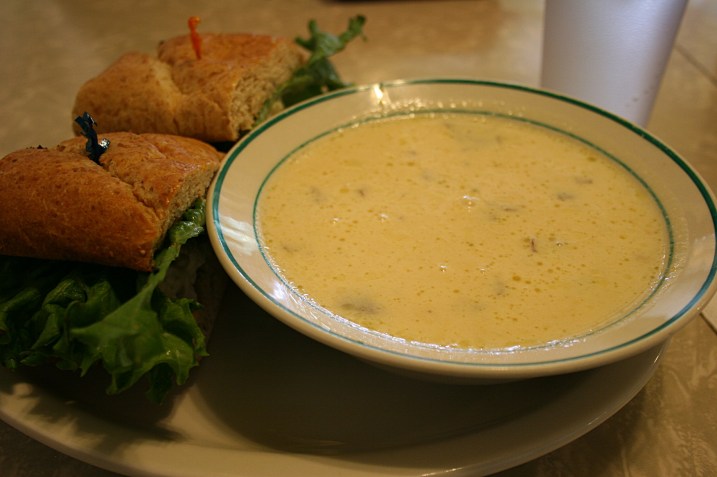 Highland Cafe, corn chowder & sandwich