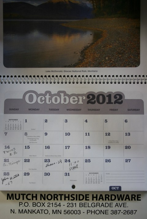 Mutch Hardware, October 2012 calendar
