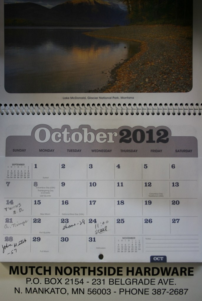 Mutch Hardware, October 2012 calendar