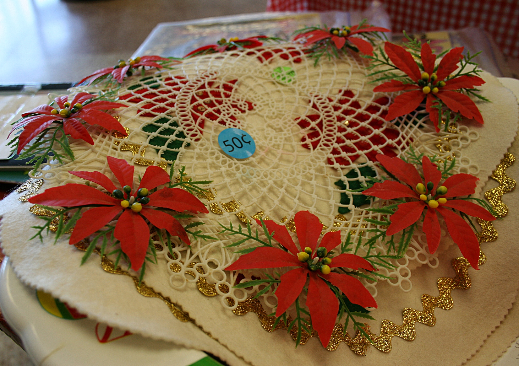 A holiday doily crocheted years ago by some crafty crafter.
