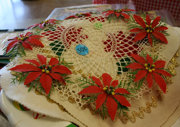 A holiday doily crocheted years ago by some crafty crafter.
