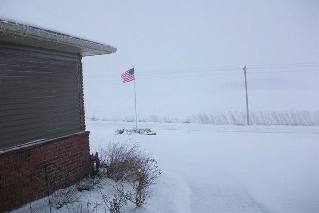 Low visibility due to falling and blowing snow defined the prairie in this photo taken north of Lamberton around 3:30 this afternoon. Photo by Brian Kletscher.