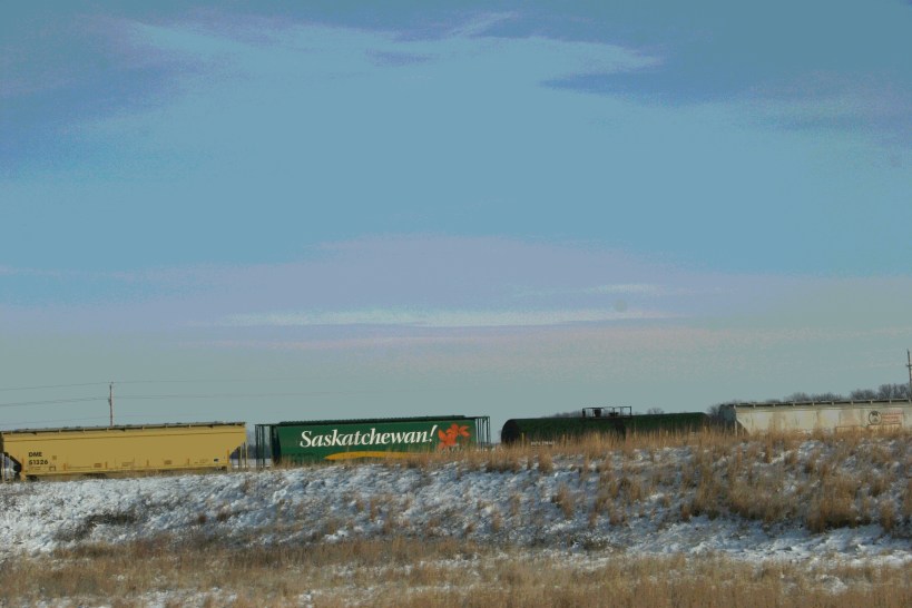 South and west of Waseca, along U.S. Highway 14, a train cuts across the flat farm land.