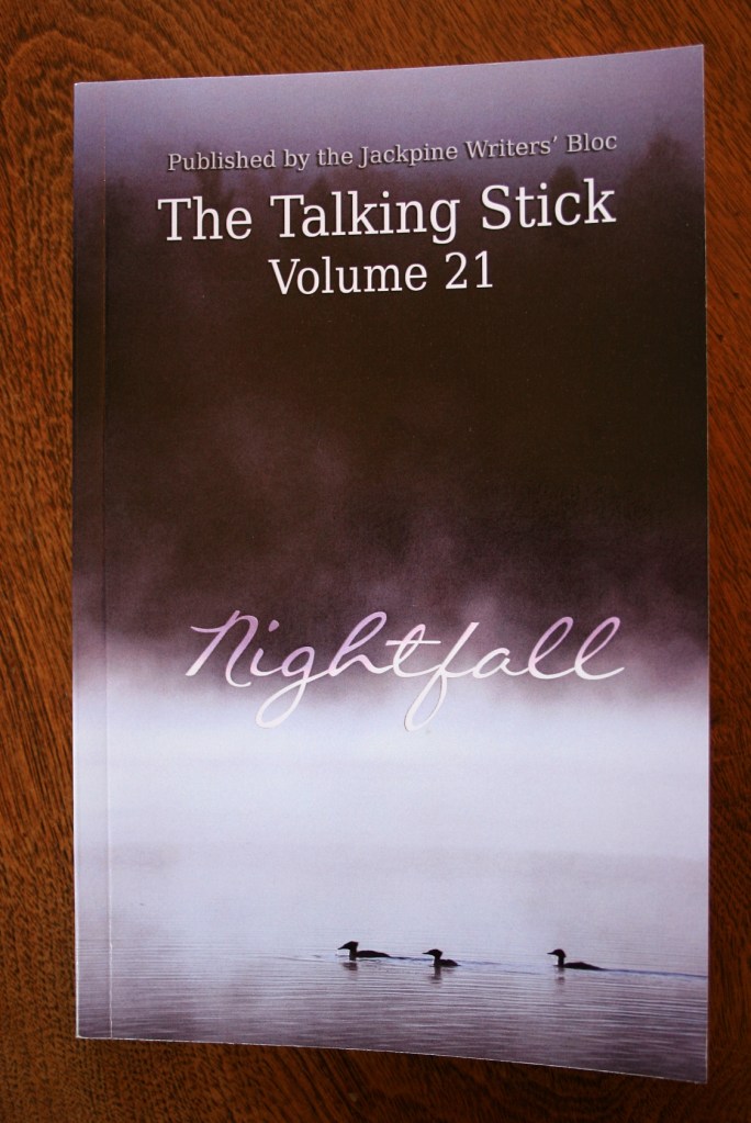 The cover of The Talking Stick, Volume 21, Nightfall, also has a Minnesota bend with a stock photo of loons on a lake from iStockphoto.com.