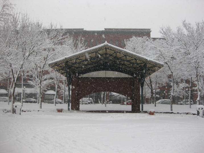 The Mears Park Stage in downtown St. Paul early this afternoon. Photo by Marc Schmidt.