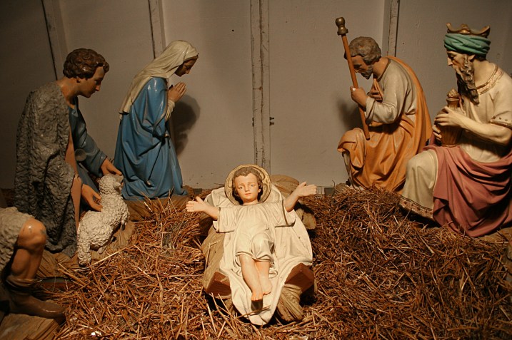 This Nativity set, donated, I believe, by the Knights of Columbus, is a rich part of my community's history and a work of art. If anyone knows the history of this Nativity set, please submit a comment with details.