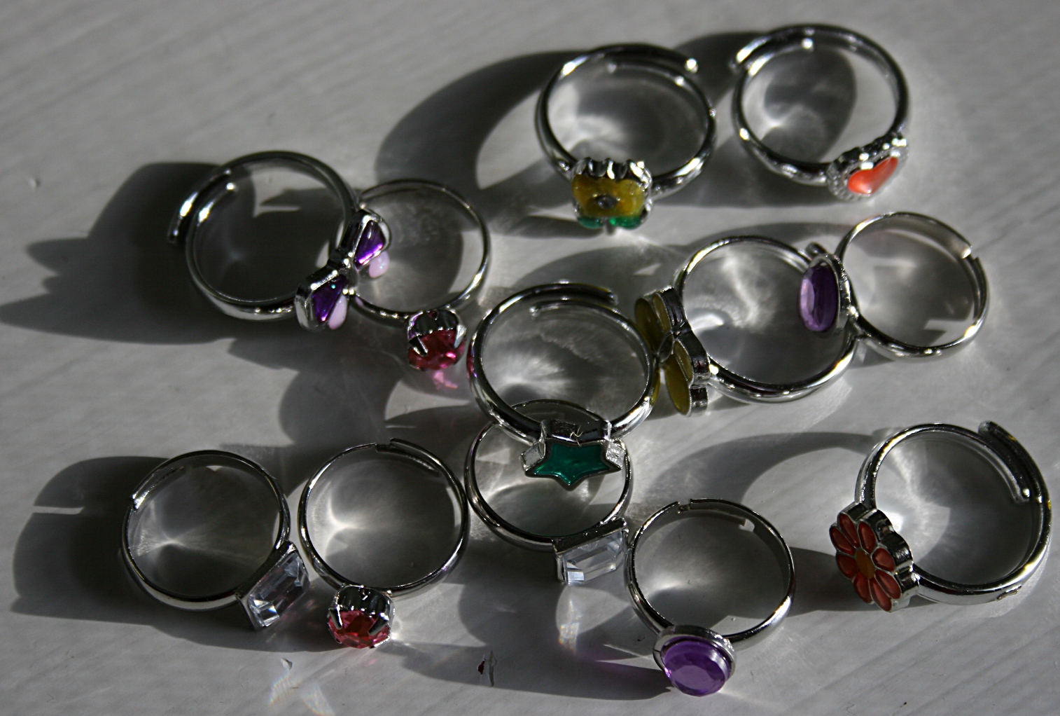 A sampling of the rings gifted to me by 11 fairies. These will be passed along to some sweet little girls I know.