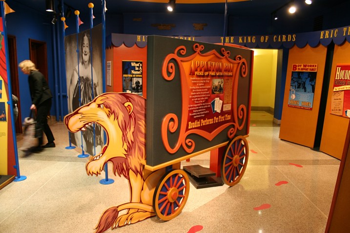 The circus wagon in the exhibit is a nod to Houdini's circus association. He first performed for a neighborhood children's circus as tight roper walker "Prince of the Air."