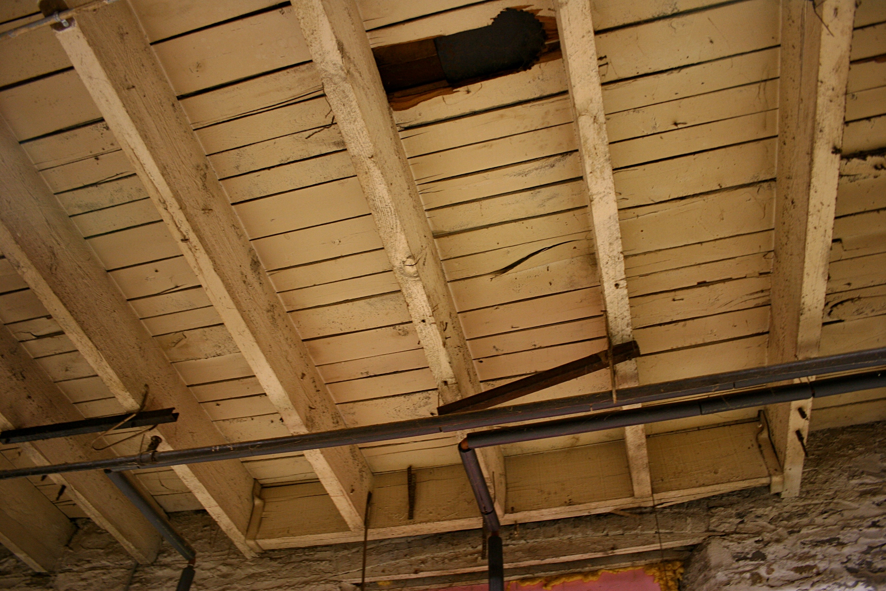 The ceiling of the historic building in the brewery area.