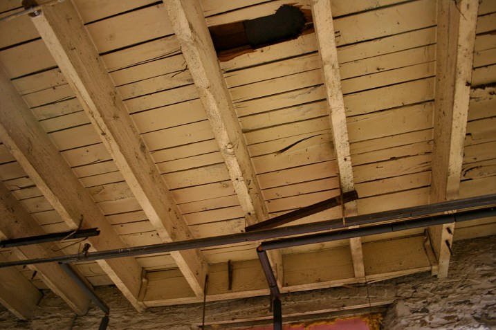 The ceiling of the historic building in the brewery area.