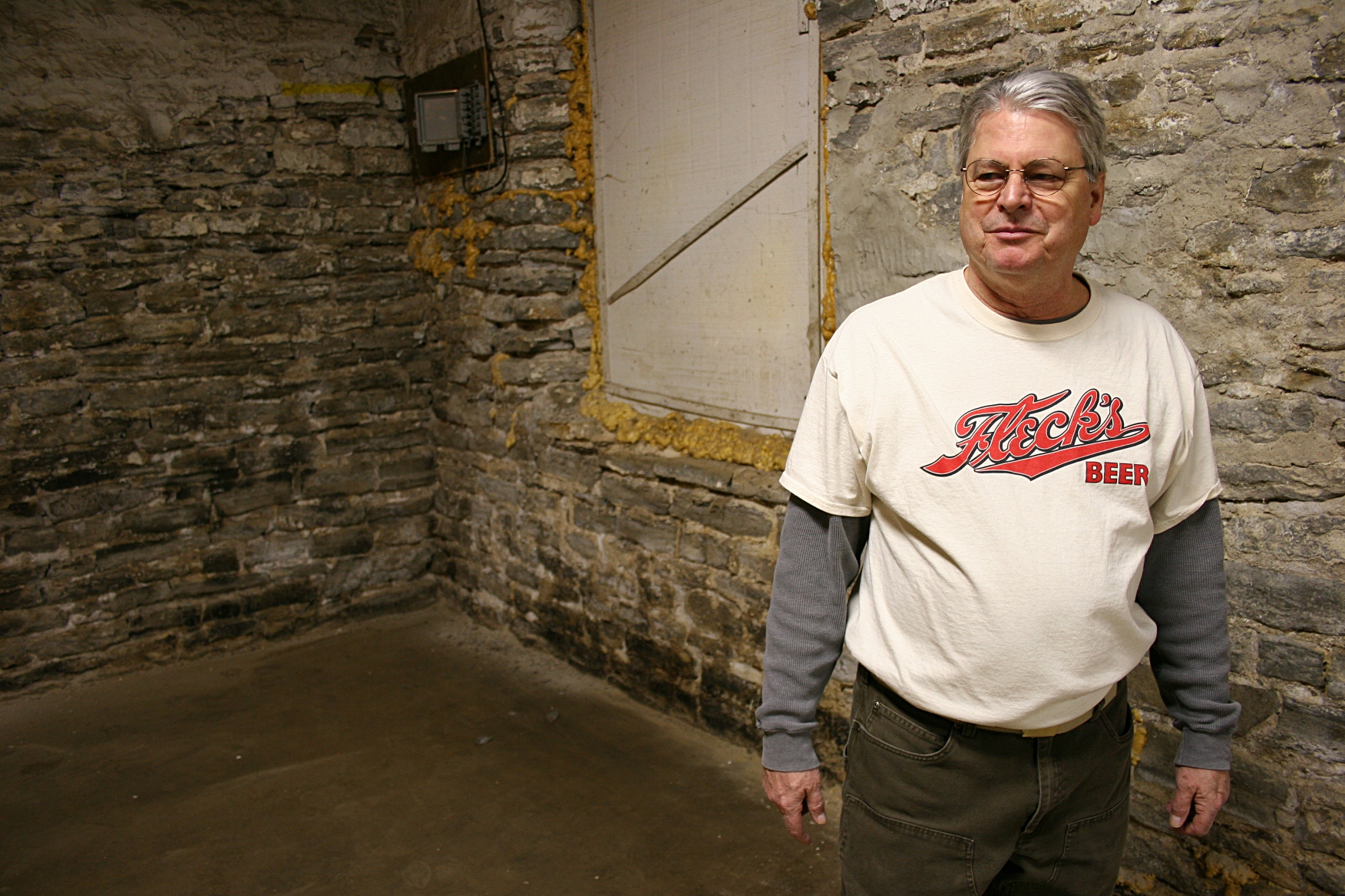 David Hvistendahl, from whom Patriot's is renting space for the brewery, sports a Fleck's beer t-shirt. A line of Fleck's Hvistendahl and a partner plan to eventually open an event center int he space above the brewery.