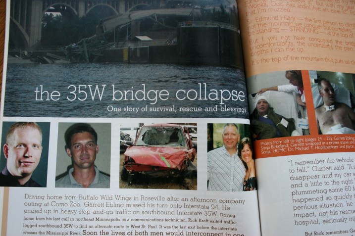 This photo shows the opening spread of the feature article published in the November/December 2007 issue of Minnesota Moments. Casey McGovern of Minneapolis shot the bridge collapse scene. To the far left is Garrett before the collapse, to the right, his rescuer. The next photo shows his Ford Focus which plummeted into the Mississippi River. And to the right are Garrett and Sonja, before the collapse.