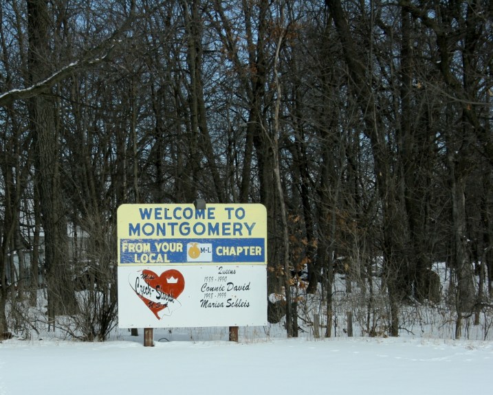 A sign just off Minnesota Highway 13 welcomes travelers to Montgomery.