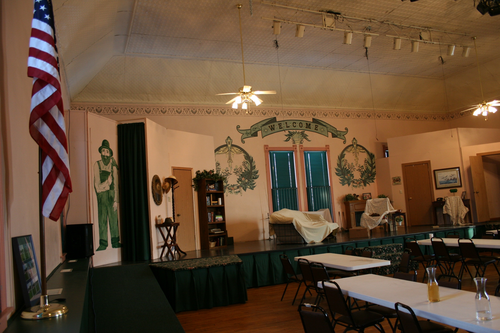 A view of the set for "On Golden Pond" with Big Honza painted on the wall to the left.