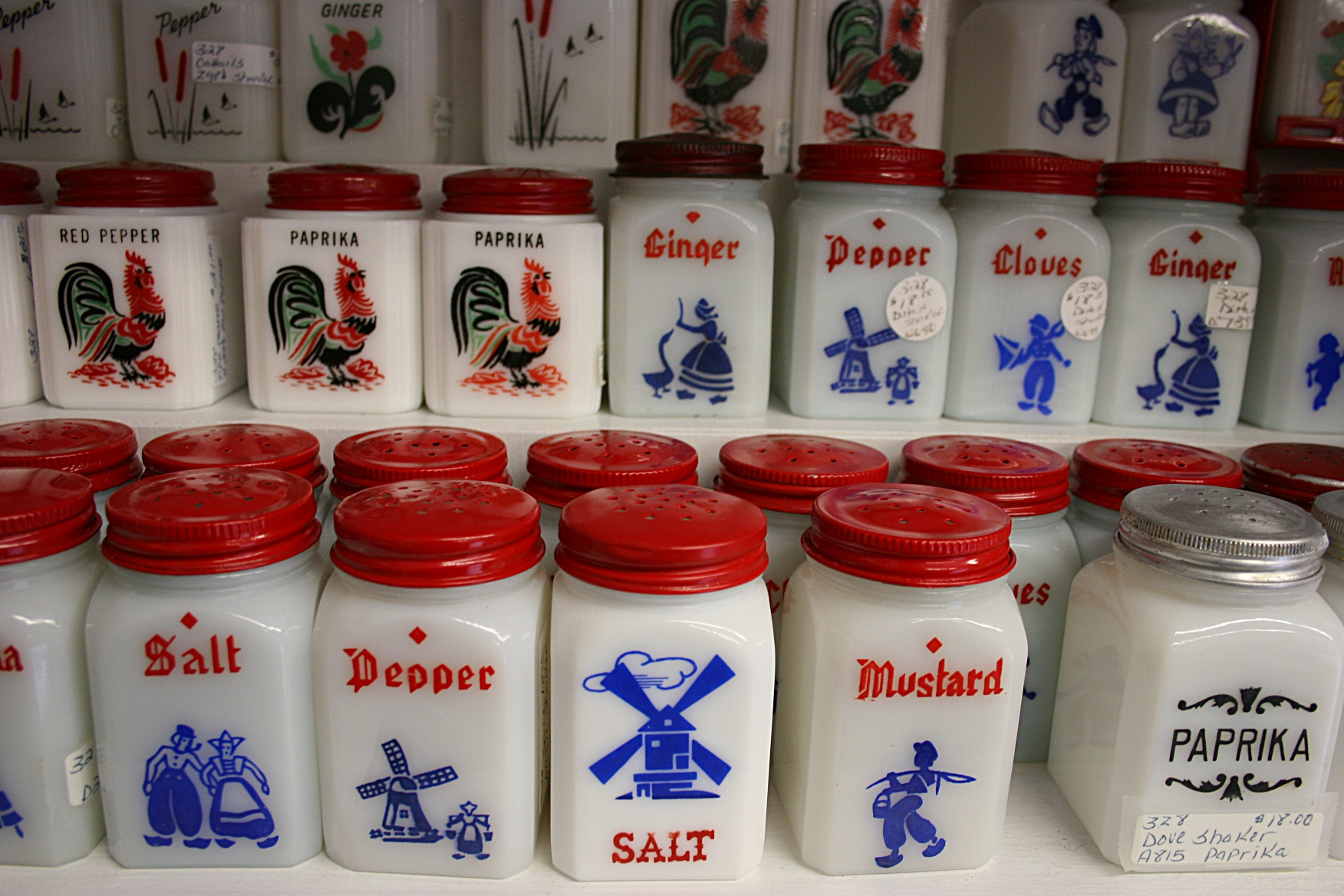 Lovely spice jars and salt-and-pepper shakers all neat and tidy in rows.