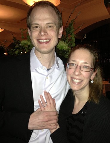 Marc and Amber, newly-engaged and celebrating at the St. Paul Grill. Marc ordered a steak, saying, "That is what a man does after he asks a woman to marry him." 