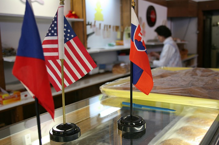 Czech, Slovakian and American flags grace the bakery counter.