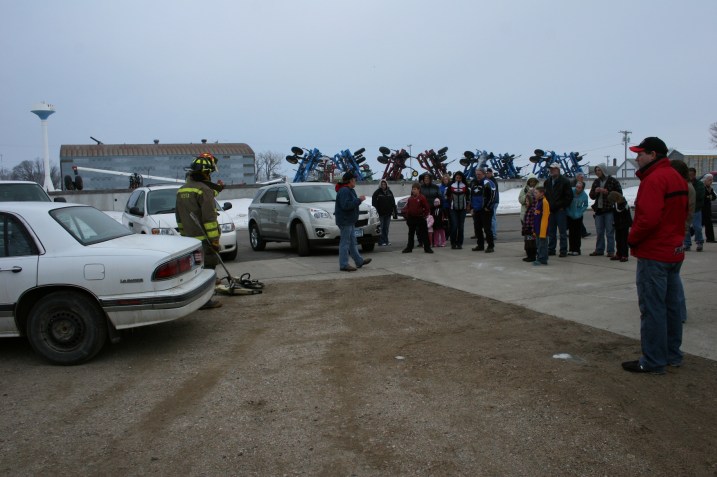 About 30 onlookers gathered outside the hall to watch the Jaws of Life demonstration.