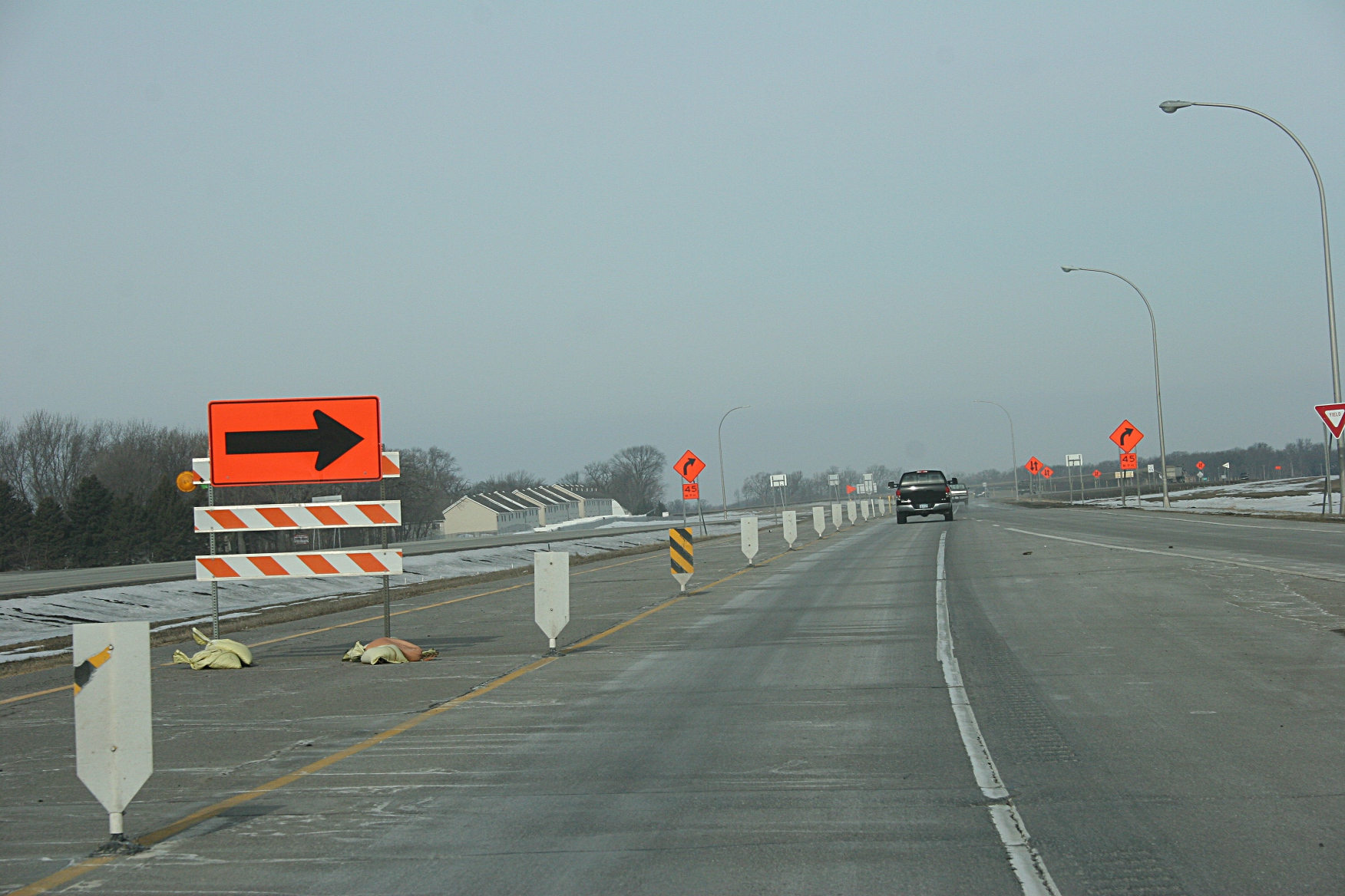 Entering the construction zone, westbound on Highway 14 in North Mankato.